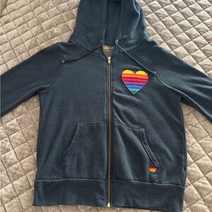 Aviator Nation Rainbow Heart ZIP HOODIE W/ POCKETS - Navy Blue